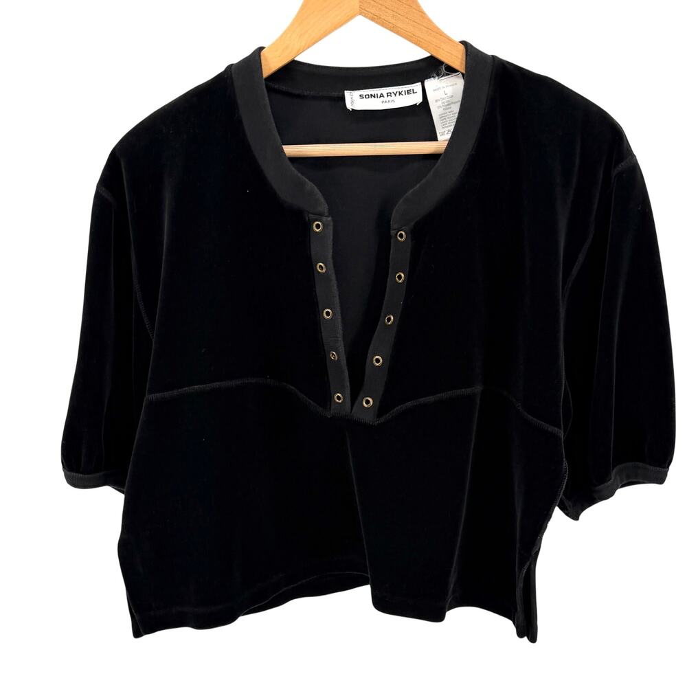Vintage 90s Sonia Rykiel Black Velour Puff Sleeve Cropped Top